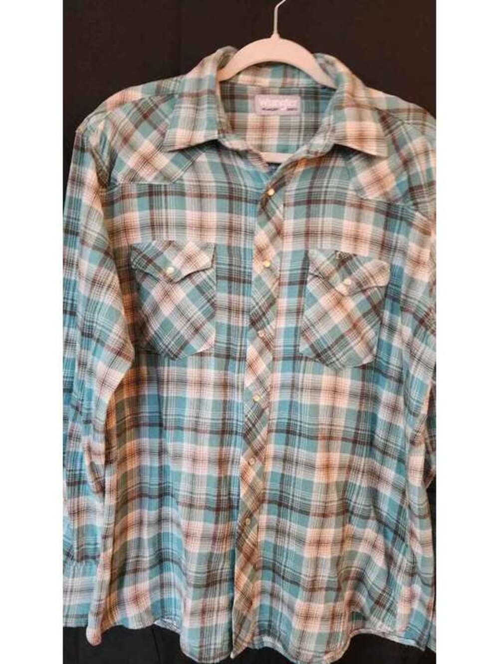 Wrangler Wrancher Mens Large Flannel Turquoise Plaid Western Pearl Snap Shirt